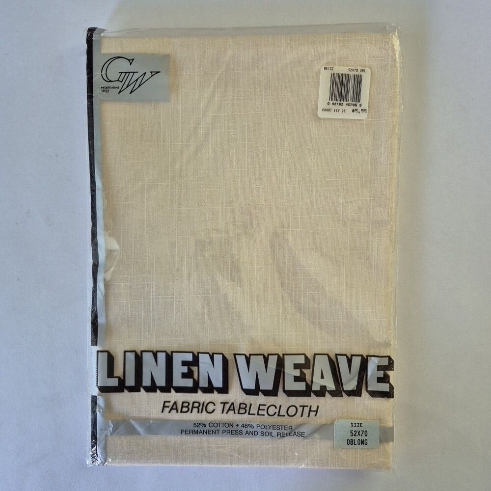 GW Vintage MCM Beige Linen Weave Fabric Oblong 52 x 70 In Tablecloth New